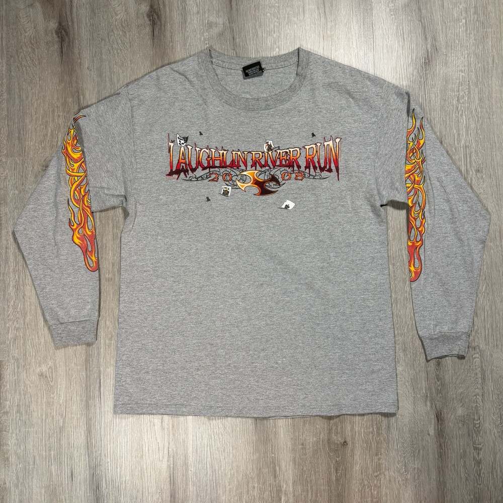 Vintage 2008 Laughlin River Run Long Flame Sleeve Motorcycle T-Shirt Biker Y2K